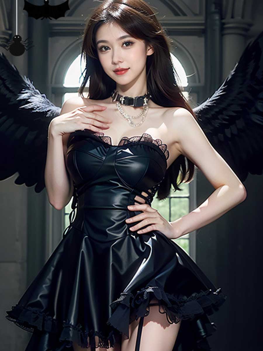 Yomorio Sexy Latex Mini Dresses Black Strapless Wet Look Party Dress with Lace Trim