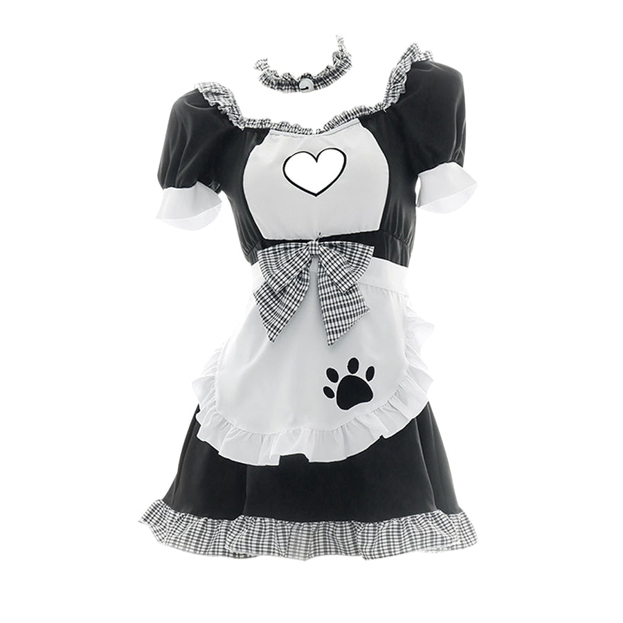 Yomorio Sexy French Maid Costume Ruffle Trim Maid Fancy Dress Cat Paw Print Waitress Roleplay Uniform