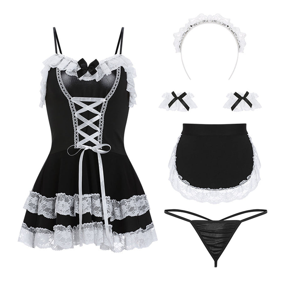 Yomorio Sexy Maid Outfit French Maid Cosplay Costumes Black Lace Trim Lingerie Dress