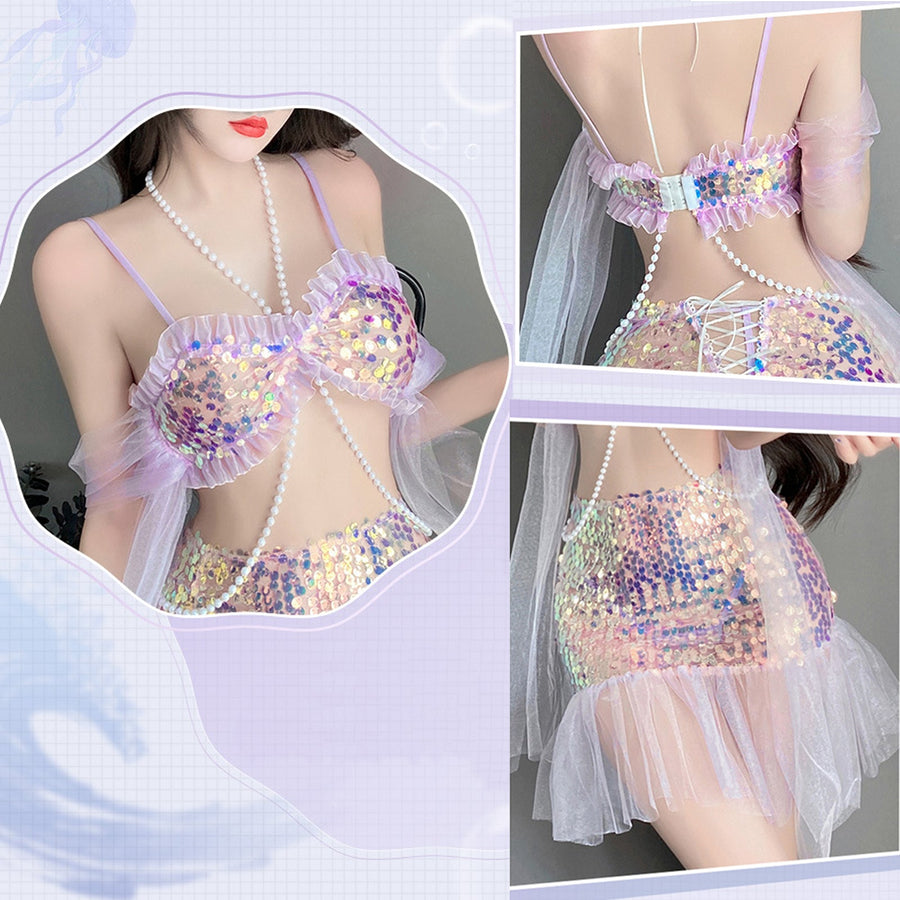 Yomorio Sexy Mermaid Lingerie Set Sequins Mermaid Cosplay Outfit Adult Halloween Costume