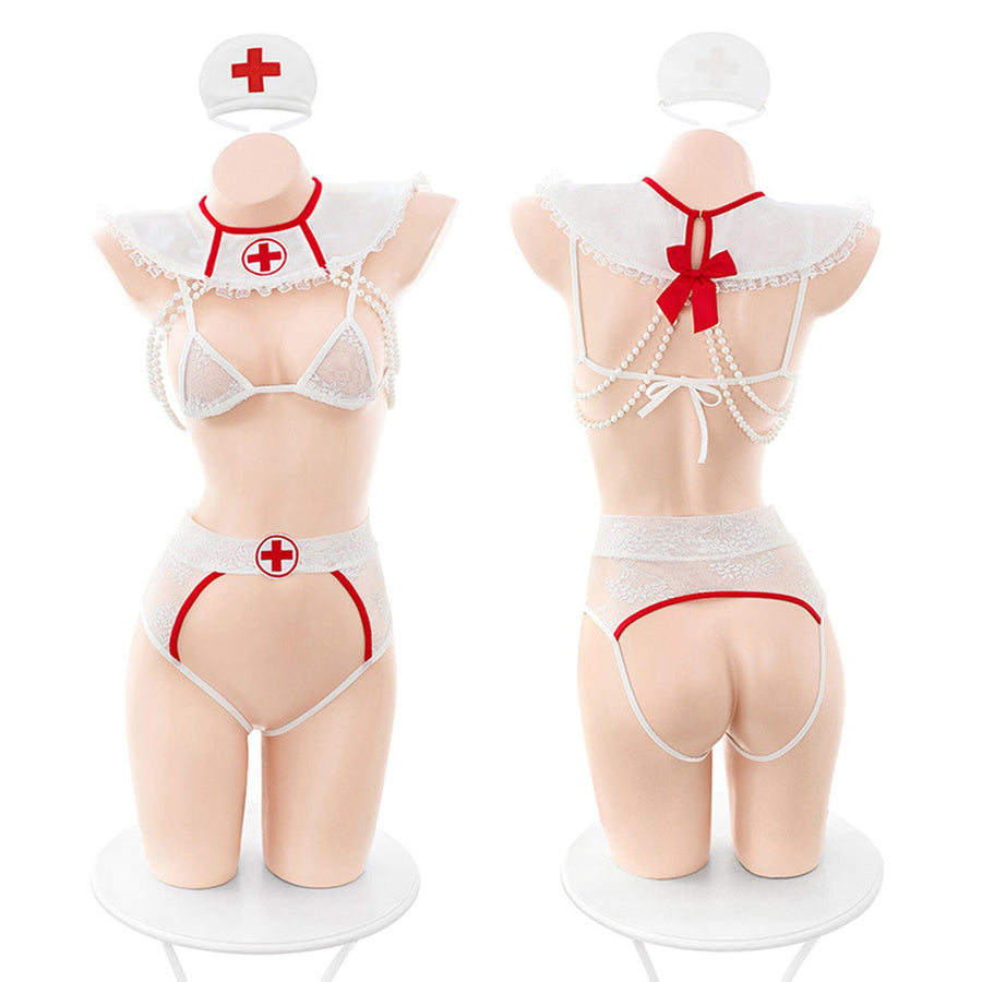 Yomorio Sexy Nurse Costume Nurse Roleplay Lingerie Set Lace Micro Bra Set