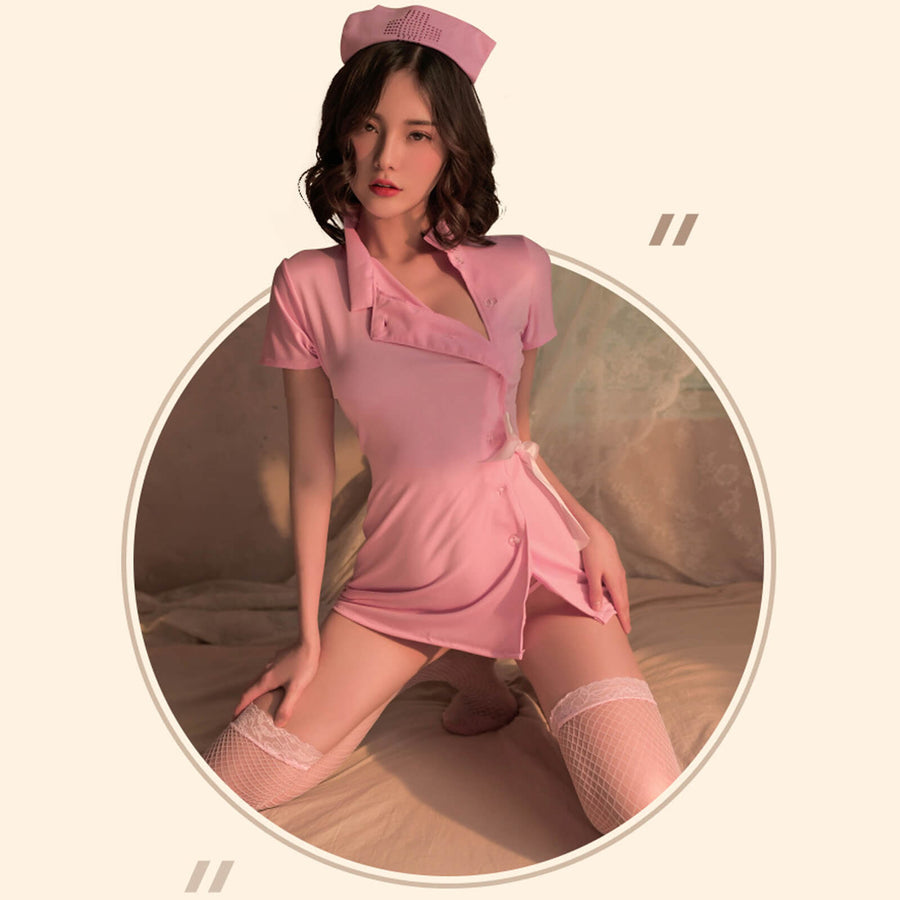 Yomorio Sexy Nurse Lingerie Costume Pink Button Front Nurse Cosplay Uniform