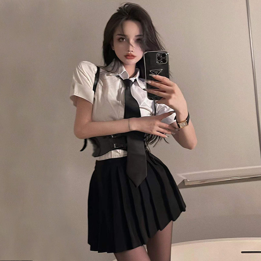 Classic White Shirt with  Skirt and Waist Cincher