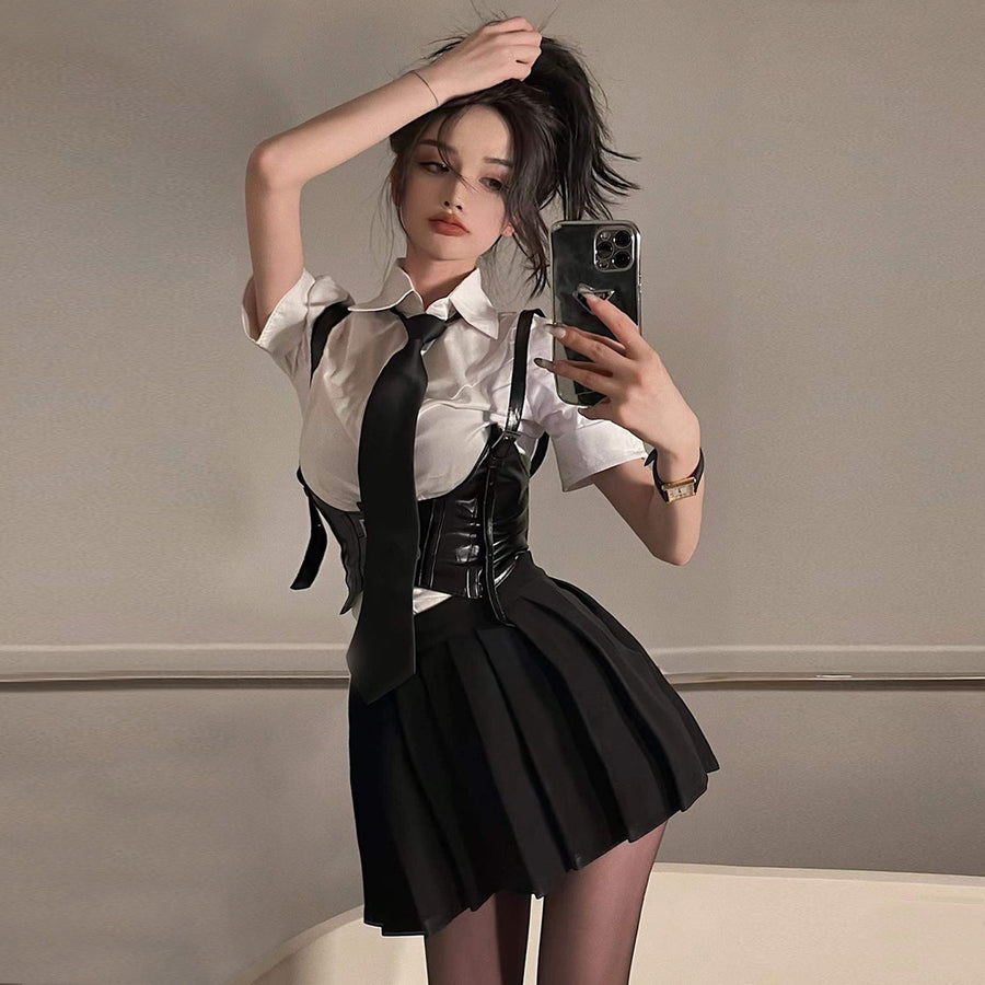 Classic White Shirt with  Skirt and Waist Cincher