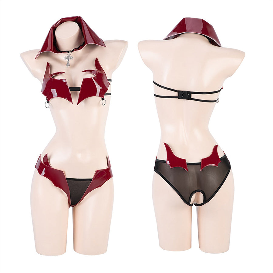 Yomorio Sexy Succubus Devil Costume PU Leather Demon Cosplay Lingerie Set Red Latex Devil Outfit