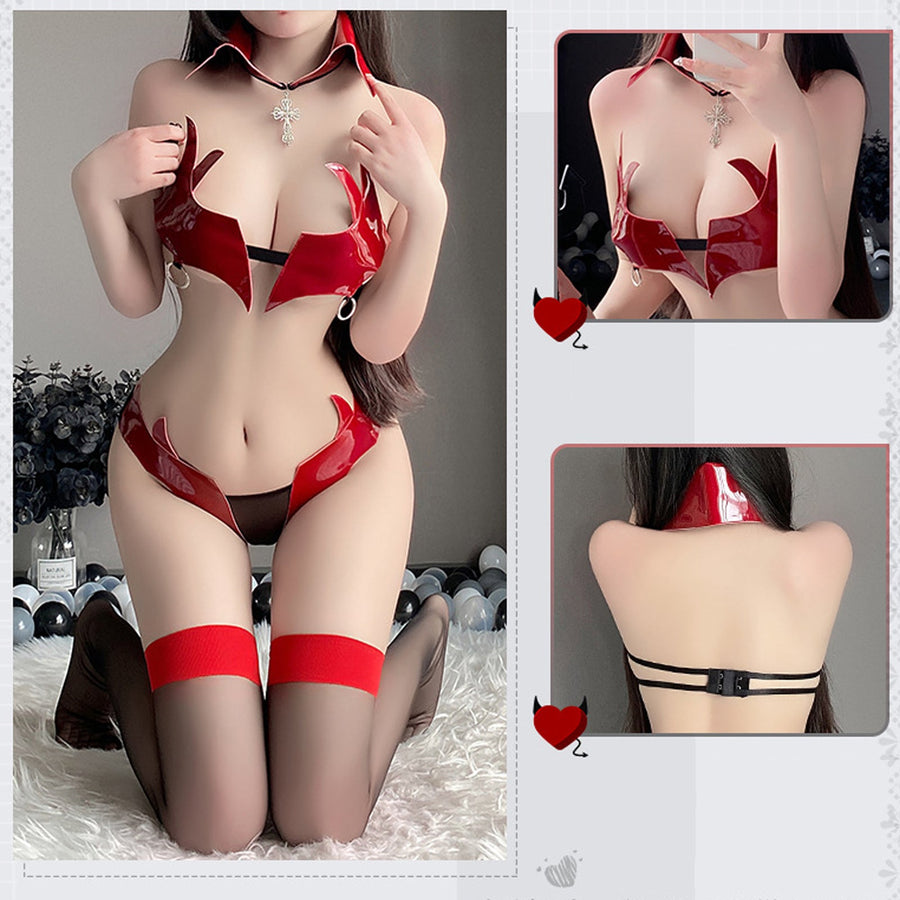 Yomorio Sexy Succubus Devil Costume PU Leather Demon Cosplay Lingerie Set Red Latex Devil Outfit