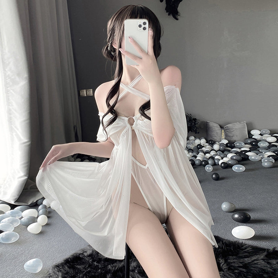 Yomorio Sheer Mesh Babydoll Lingerie Criss Cross Halter Nighties Teddy Dress