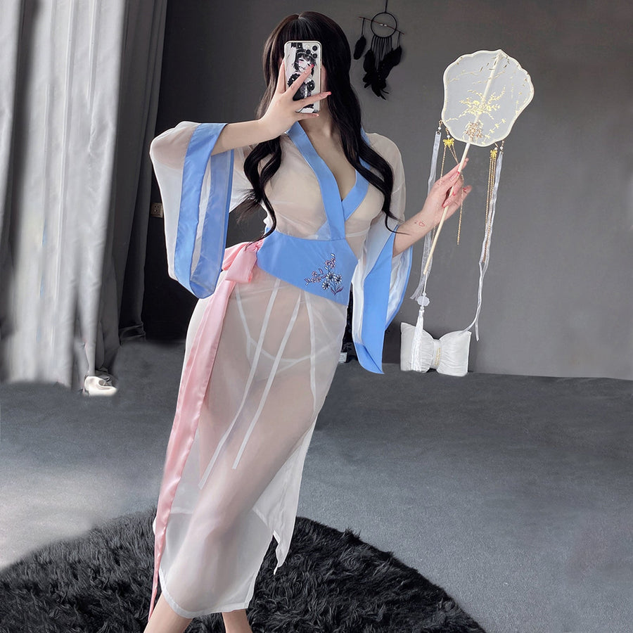 Yomorio Sheer Mesh Kimono Robe V Neck Long Yukata Anime Lingerie Set