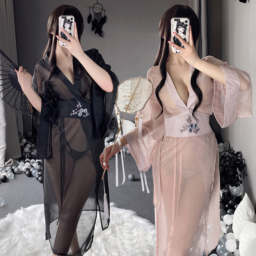 Yomorio Sheer Mesh Kimono Robe V Neck Long Yukata Anime Lingerie Set