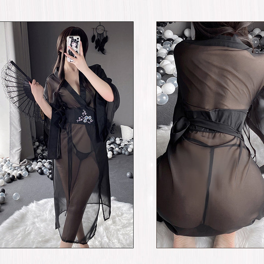 Yomorio Sheer Mesh Kimono Robe V Neck Long Yukata Anime Lingerie Set