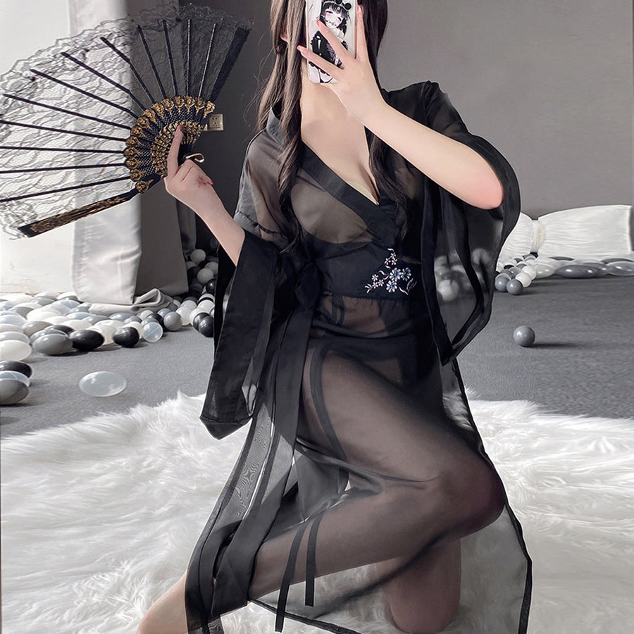 Yomorio Sheer Mesh Kimono Robe V Neck Long Yukata Anime Lingerie Set