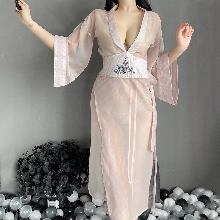 Yomorio Sheer Mesh Kimono Robe V Neck Long Yukata Anime Lingerie Set