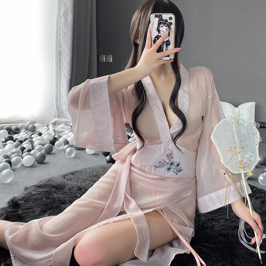 Yomorio Sheer Mesh Kimono Robe V Neck Long Yukata Anime Lingerie Set