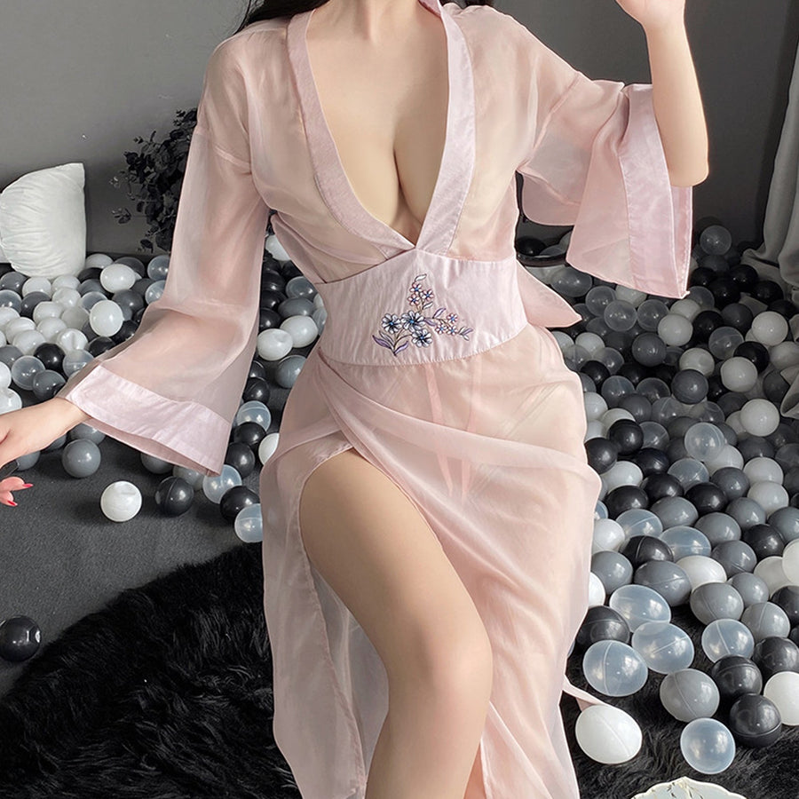 Yomorio Sheer Mesh Kimono Robe V Neck Long Yukata Anime Lingerie Set