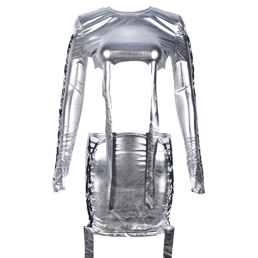 Yomorio Silver Chrome Metallic Skirt Set Long Sleeve Two Piece Rave Outfits Sexy EDM Outfits