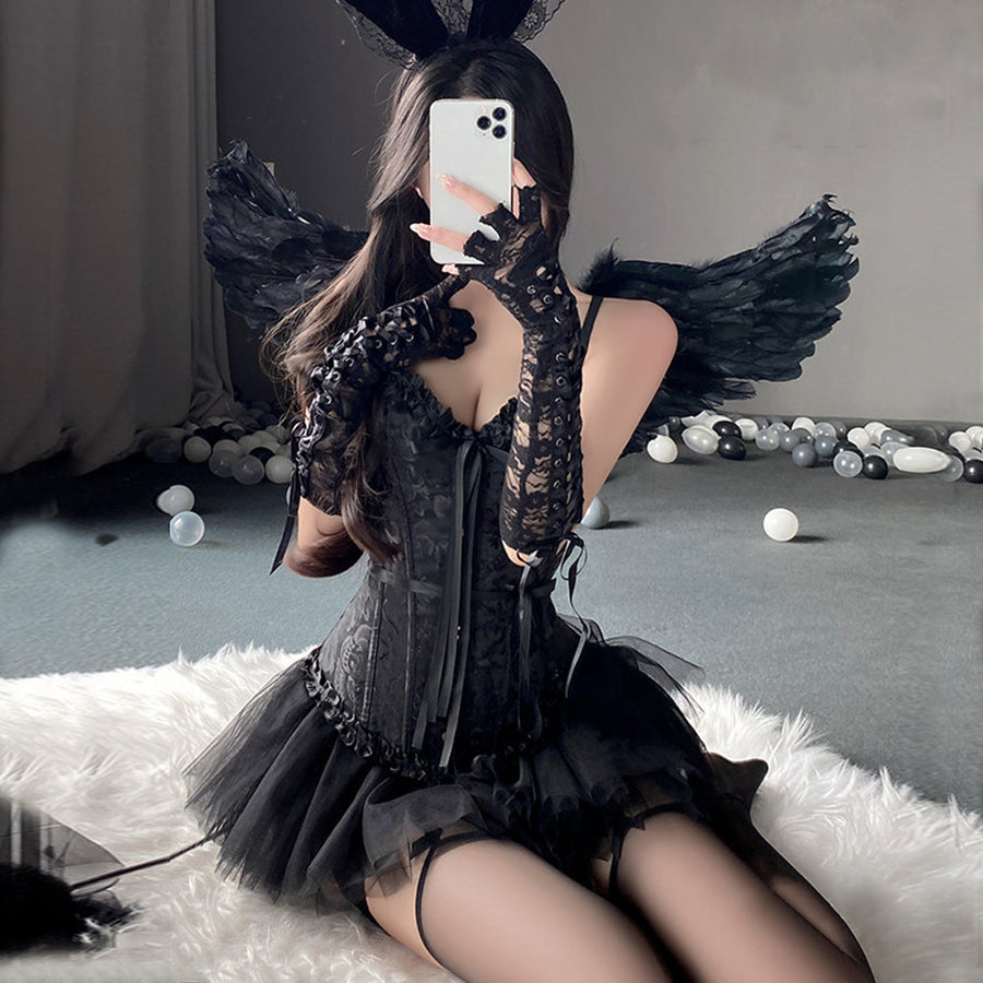 Yomorio Sexy Devil Corset Costume Anime Dark Angel Costume Black Sweetheart Lace-Up Corset with Mesh Skirt