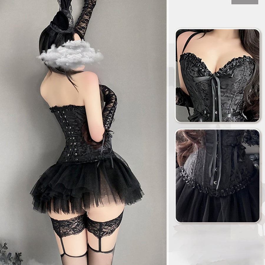 Yomorio Sexy Devil Corset Costume Anime Dark Angel Costume Black Sweetheart Lace-Up Corset with Mesh Skirt