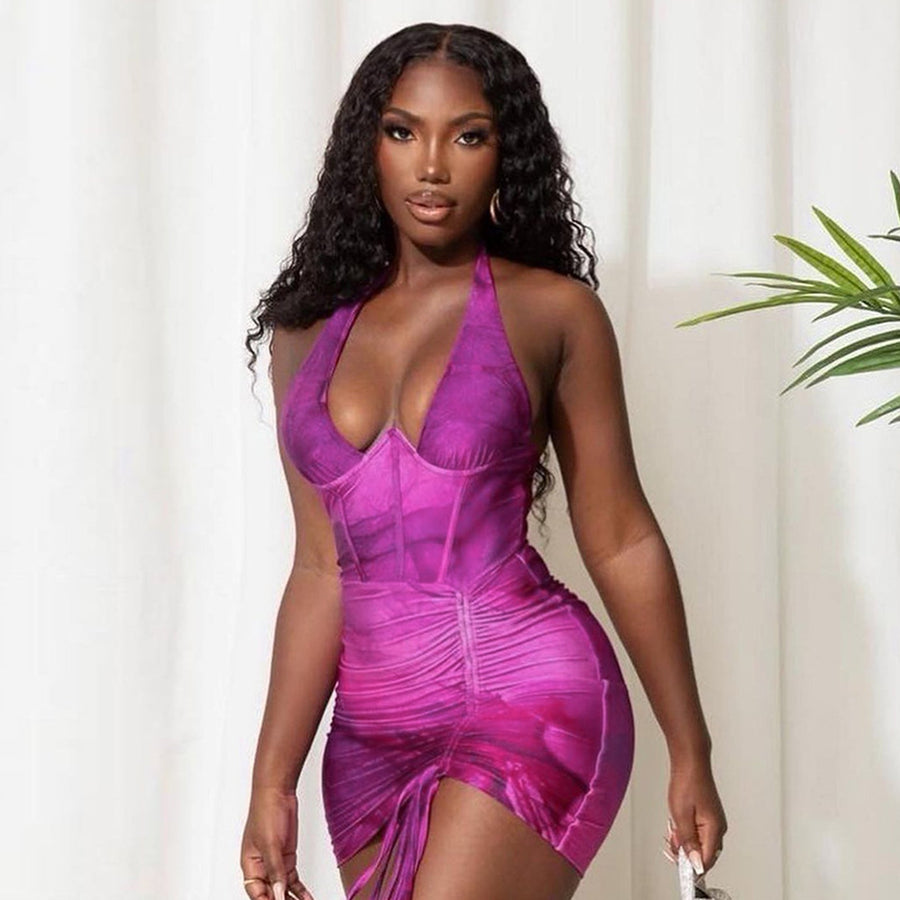 Yomorio Mini Dress Halter Corset Dress Ruched Drawstring Bodycon Dress