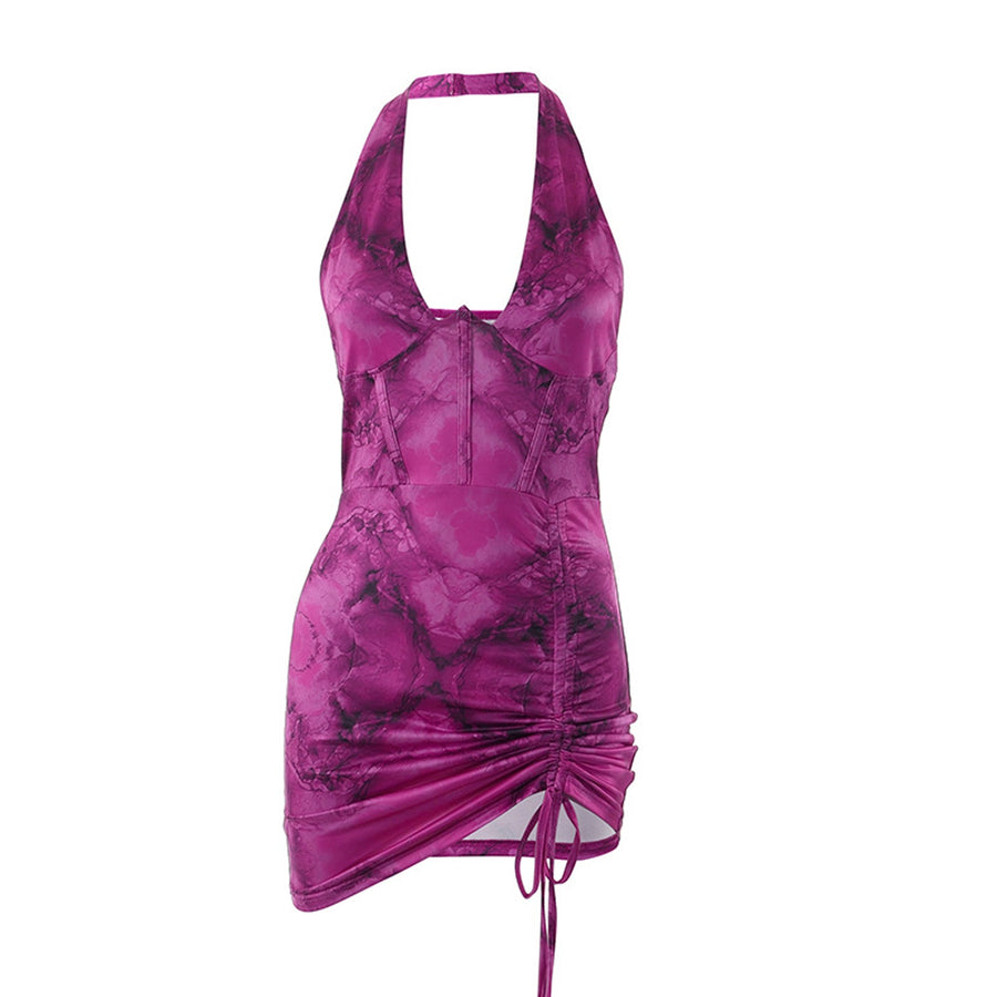 Yomorio Mini Dress Halter Corset Dress Ruched Drawstring Bodycon Dress