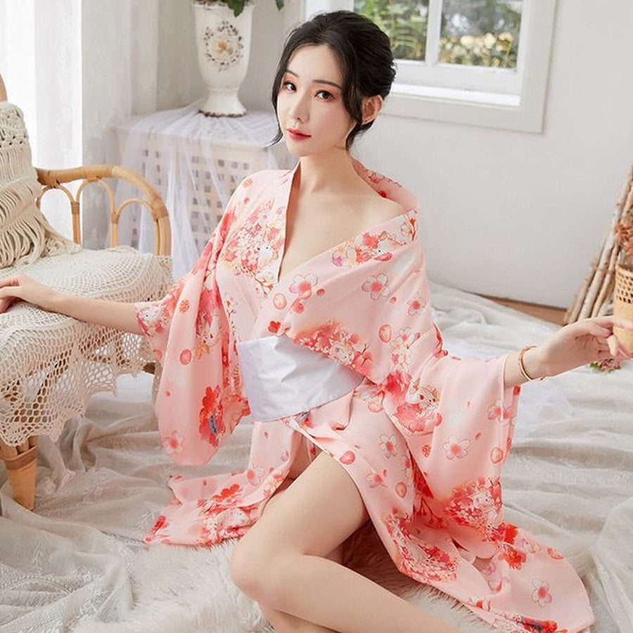Yomorio Traditional Japanese Kimono Robe Floral Printed Long Yukata Costumes Pajamas