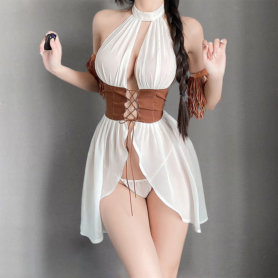 Yomorio White Flyaway Babydoll Set Open Front Halter Lingerie Dress Sexy Exotic Nightgown