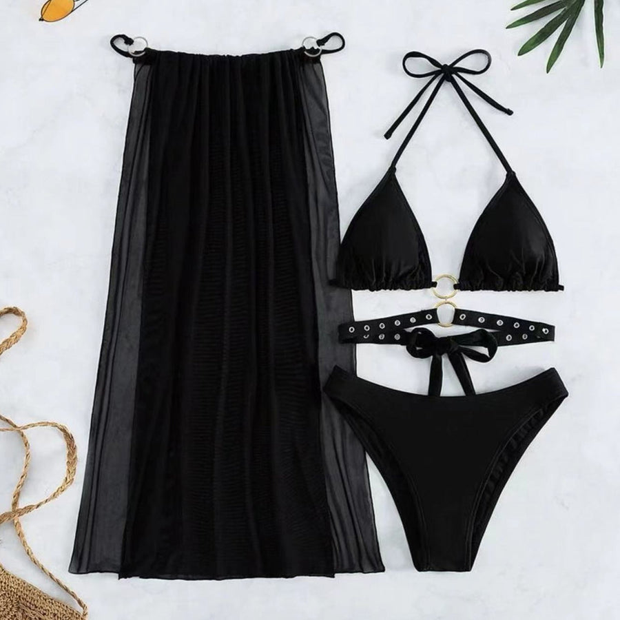 Yomorio Women's 3 Piece Bikini Set Black Strappy Swimsuit with Sheer Mesh Skirt Cover Ups