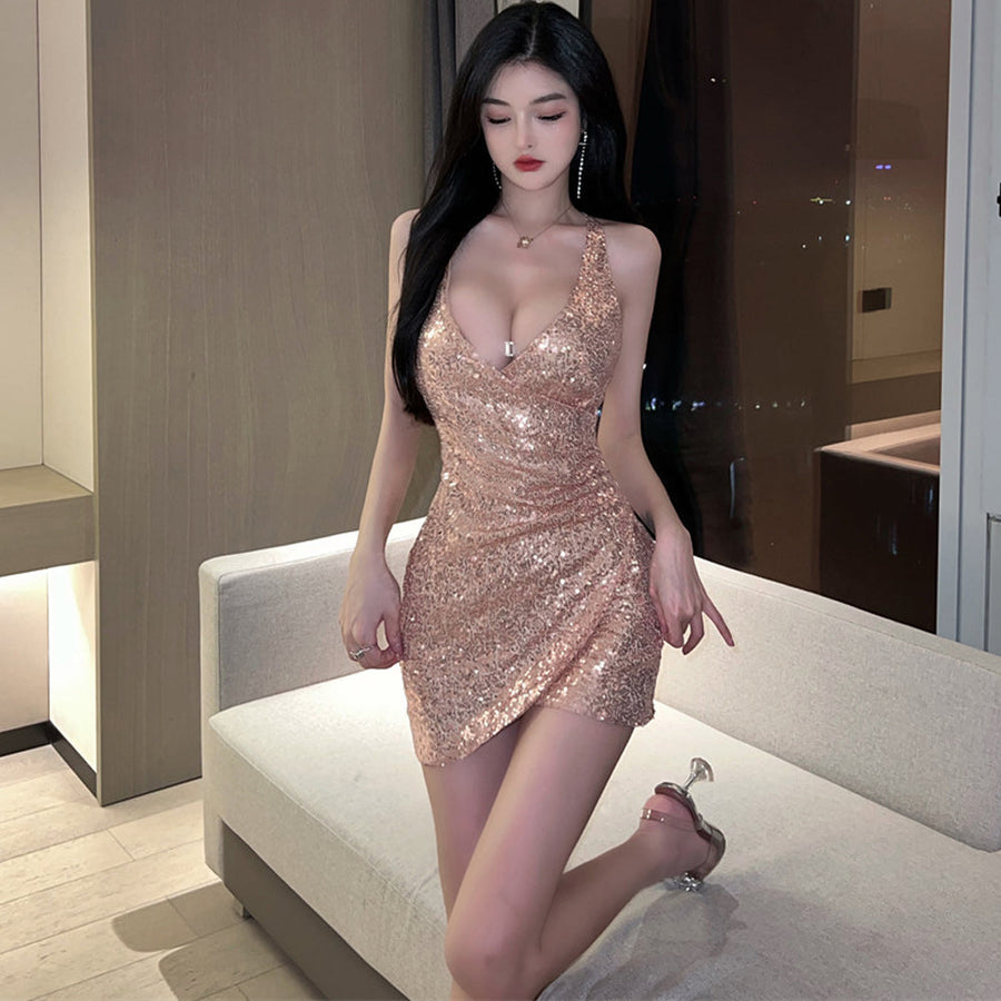 Yomorio Wrap Sequin Dress V Neck Backless Club Party Mini Dress Glitter Bodycon Dresses for Women